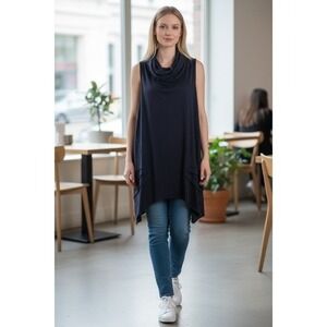 Cynthia Rowley Navy Linen Blend Cowl Neck Handkerchief Hem Tunic Top M